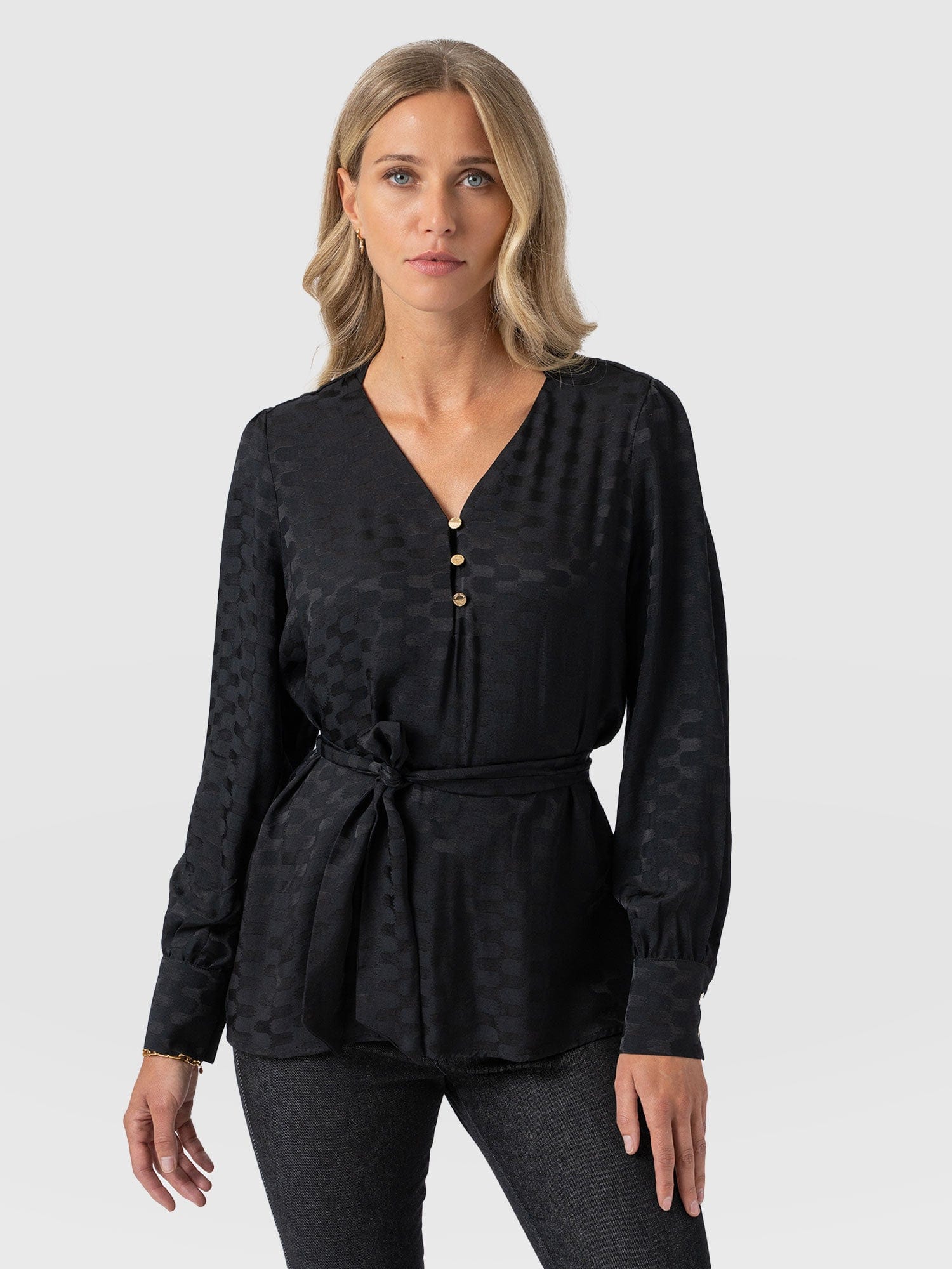 Joselyn V Neck Blouse - Black Jacquard - Women's Blouses | Saint + Sofia® USA